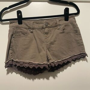 Tinseltown Olive Jean Shorts with Lace Trim